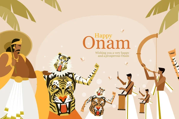 Onam Festival Saluto Sfondo Con King Mahabali Artisti Danza Tiger — Vettoriale Stock