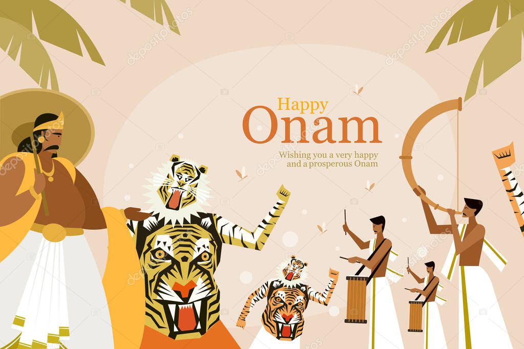Onam festival greeting background with King Mahabali and Tiger dance artists. Onam is a harvest festival in Kerala, India