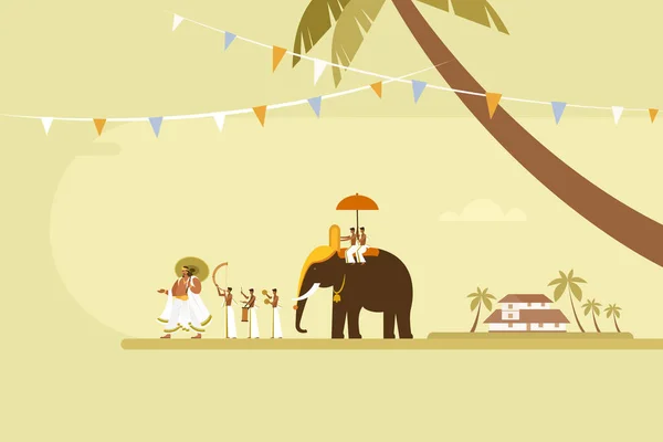 사람들 타악기와 코끼리를 연주하는 개념적 그림이다 인도의 케랄라에서 열리는 축제에 — 스톡 벡터