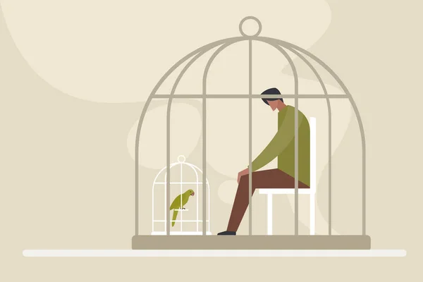 Konceptualna Ilustracja Człowieka Siedzącego Klatce Patrzącego Ptaka Klatce — Wektor stockowy