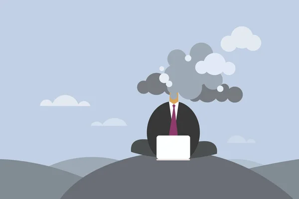 Conceptual Illustration Business Executive Fuming Head Sitting Meditative Pose Laptop — Stock Vector