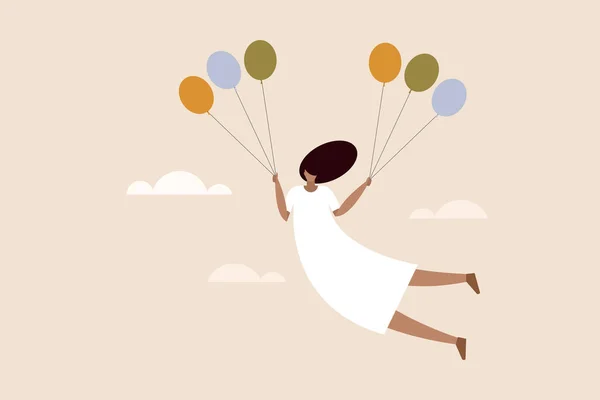 Ilustração Uma Menina Pendurada Monte Balões Voando Céu — Vetor de Stock