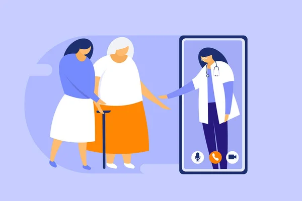 Patient Âgé Consulte Médecin Par Téléphone Portable — Image vectorielle