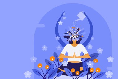Conceptual illustration of a woman watering the plants growing on her own head while meditating. Concept for mindful meditation clipart