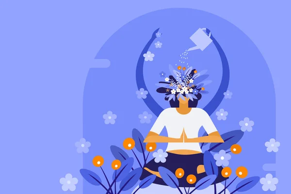 Meditasyon Yaparken Kendi Kafasında Büyüyen Çiçekleri Sulayan Bir Kadının Kavramsal — Stok Vektör