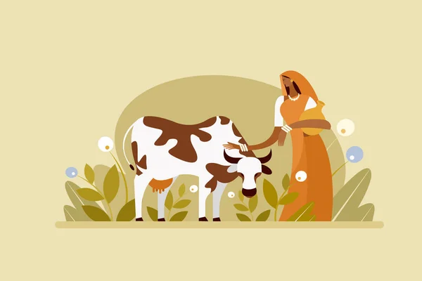 Illustrazione Una Donna Indiana Con Una Mucca All Aperto — Vettoriale Stock