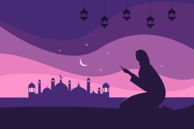 Silhouette of a Muslim religious woman do praying. Concept for Ramadan greetings clipart