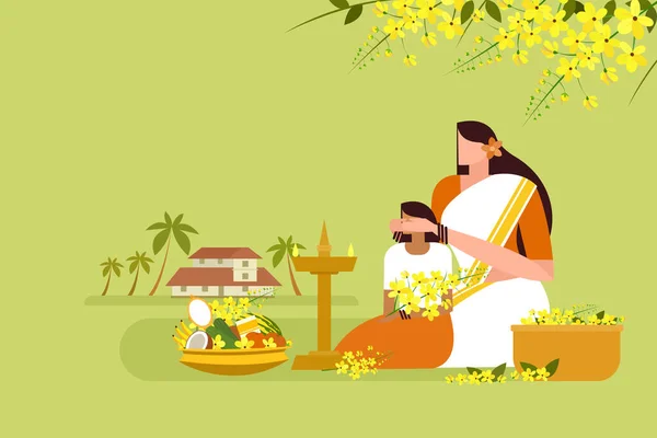 Mor Ögonbindel Sin Dotter Framför Gynnsamma Saker Traditionell Gest Vishu — Stock vektor