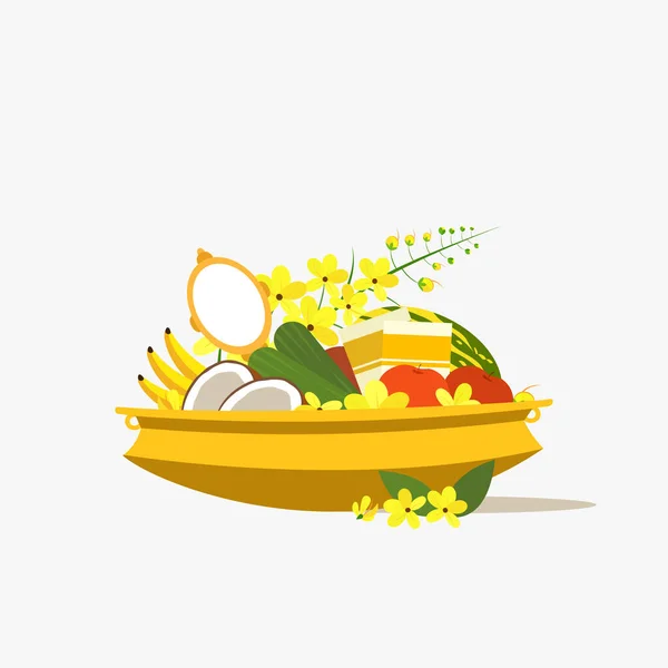 Vishu Kani Una Variedad Frutas Verduras Otros Artículos Auspiciosos Recipiente — Vector de stock