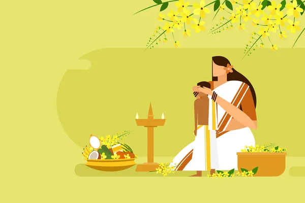 母亲在吉祥的物品面前蒙住她儿子的眼睛 喀拉拉拉邦 万维节 期间的一种传统仪式 — 图库矢量图片