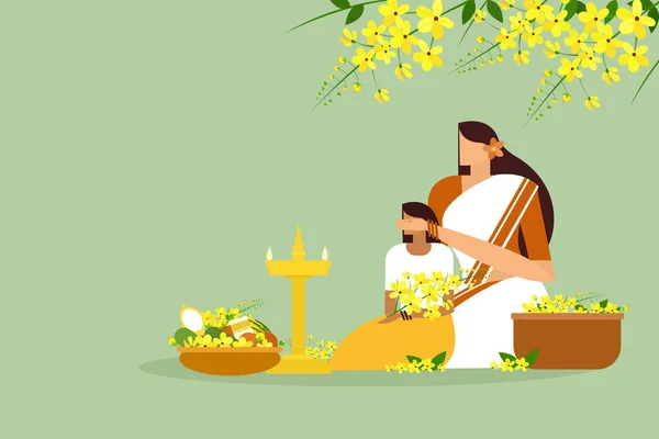 Mor Ögonbindel Sin Dotter Framför Gynnsamma Saker Traditionell Gest Vishu — Stock vektor