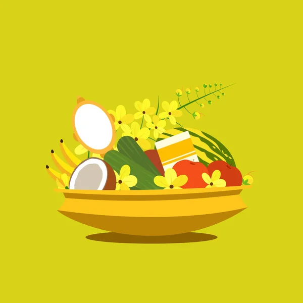 Vishu Kani Assortment Fruits Vegetables Other Auspicious Items Bronze Vessel — Stock Vector