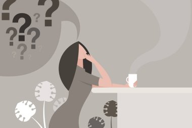 Endişeli bir kızın kahve içip sorunları düşünmesi.