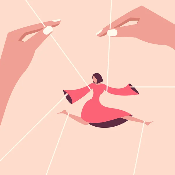 Ilustração Conceitual Mãos Controlando Uma Dançarina Amarrada Com Cordas — Vetor de Stock