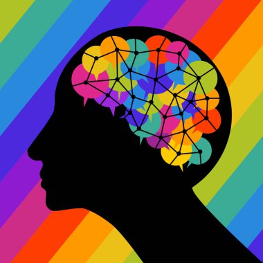Conceptual illustration of a human brain comprised of colored communication bubbles clipart