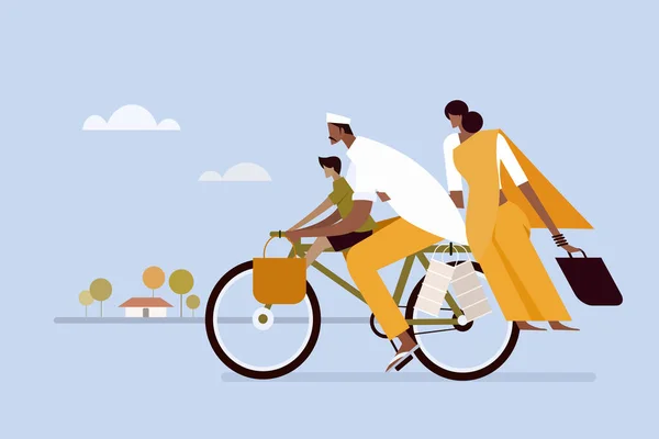 Illustration Einer Indischen Familie Die Mit Dem Fahrrad Unterwegs Ist — Stockvektor