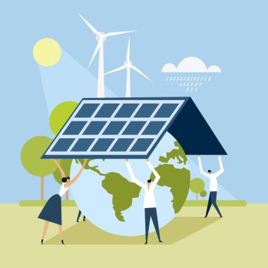 Yenilenebilir enerji kaynaklarını kullanarak dünyayı koruyan insanların kavramsal çizimi