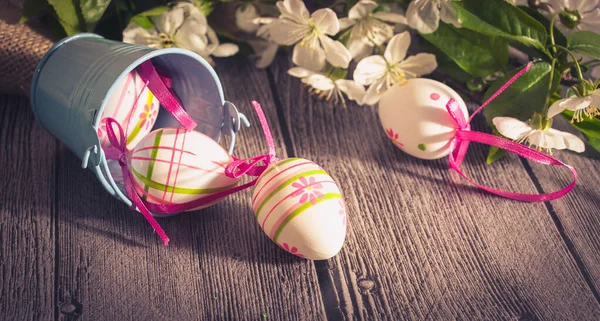 Spring Flowers Easter Eggs Happy Easter Background — Stock Photo, Image