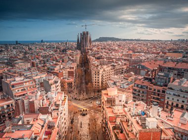 Sagrada familia and panorama view of barcelona city at dusk ,Spain