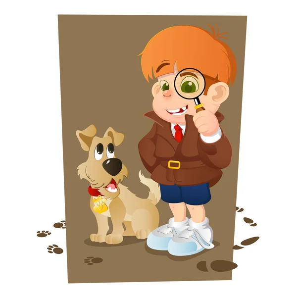 Smarta unga cartoon detektiv pojke och hans hund — Stock vektor