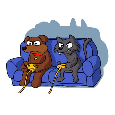 cat and dog playing videogame at home clipart