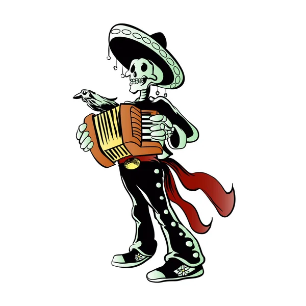 День мертвых. Dia de Muertos. Скелетонный музыкант мариачи . — стоковый вектор