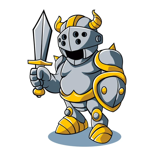 Ilustración vectorial del caballero de dibujos animados con el uniforme del ejército del casco del escudo de las espadas — Vector de stock