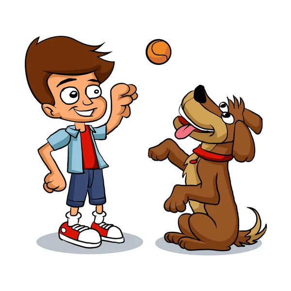 Niño de dibujos animados jugando con su perro — Vector de stock