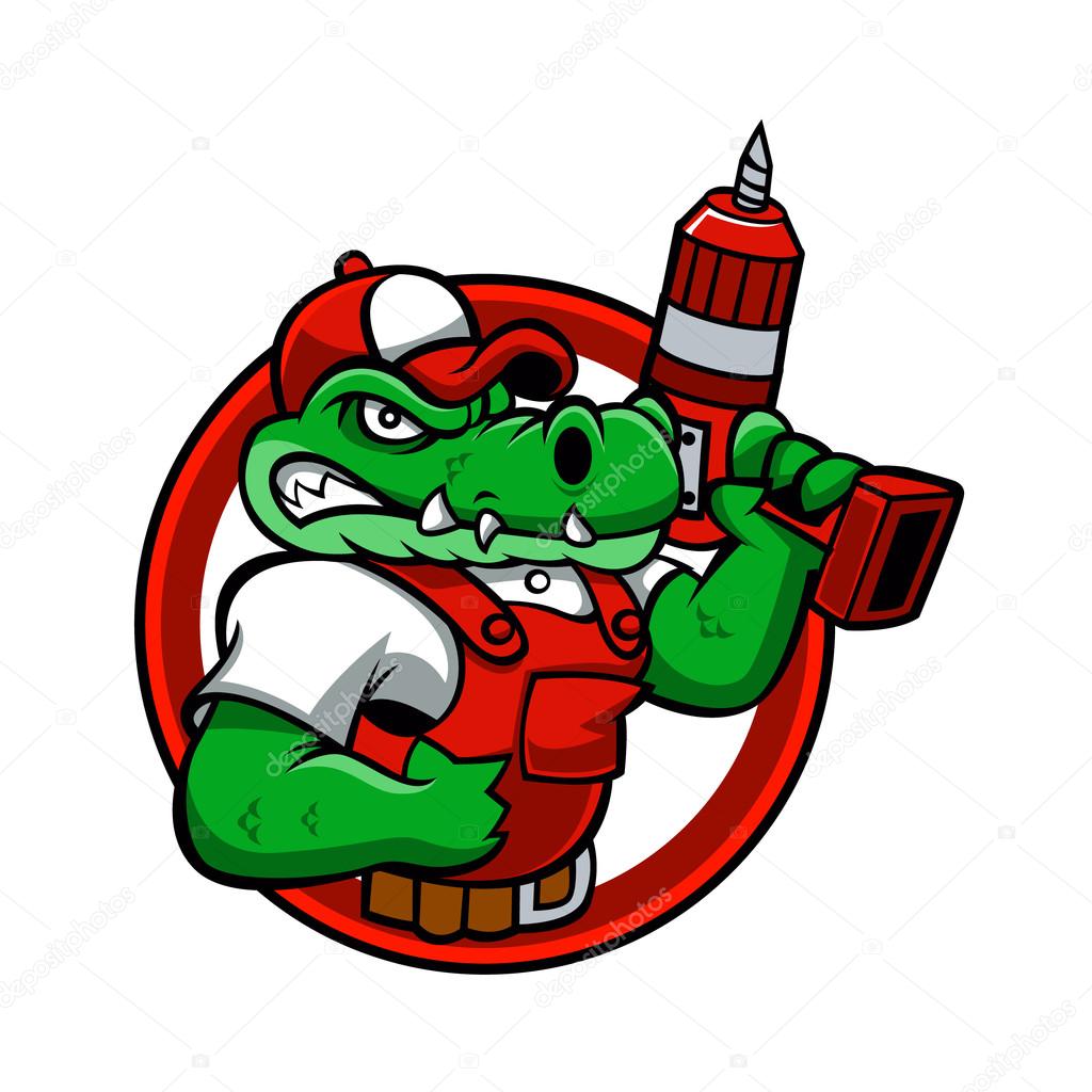 Cartoon angry crocodile mascot.handyman cartoon.