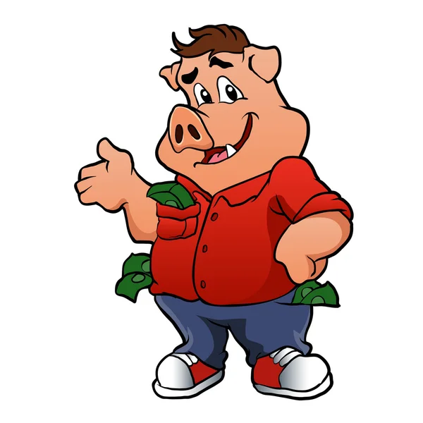 Pig character with money — Stock Vector