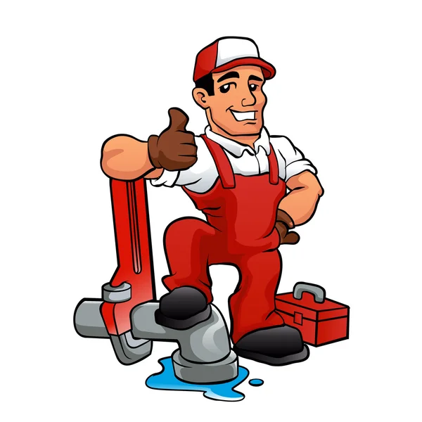Cartoon loodgieter houden een grote moersleutel. — Stockvector