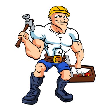 strong handyman a holding  tool box clipart