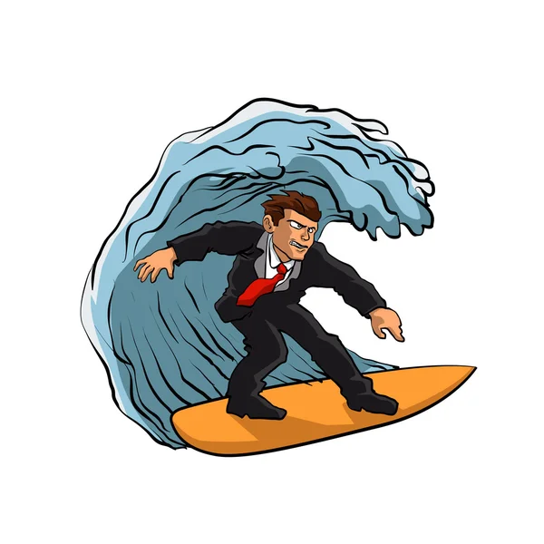 Hombre de negocios surfeando en ola — Vector de stock