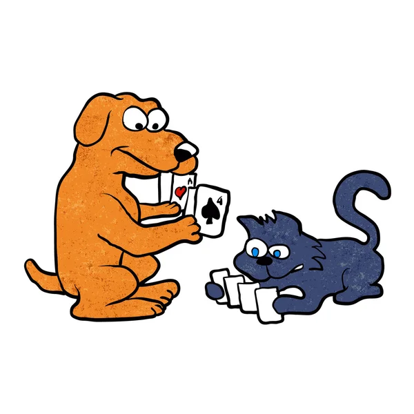 Perro y gato jugando a las cartas — Vector de stock