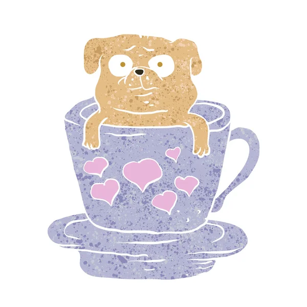 Pug dog sitting in purple  cup with heart. — Stock Vector