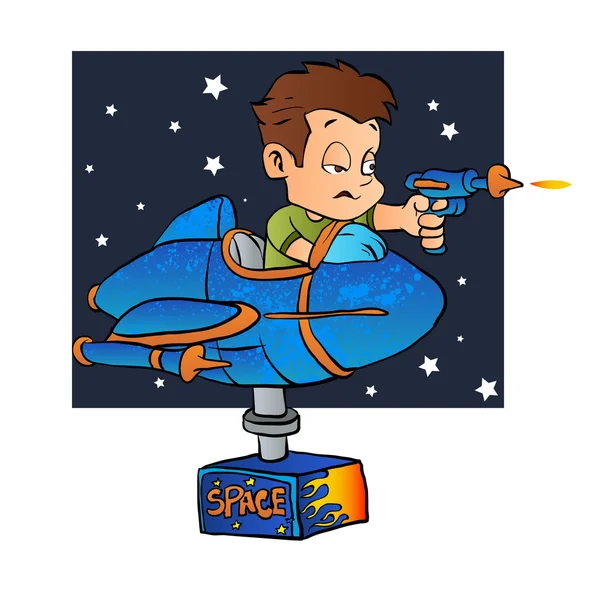 Cartoon jongen in denkbeeldige Rocket — Stockvector