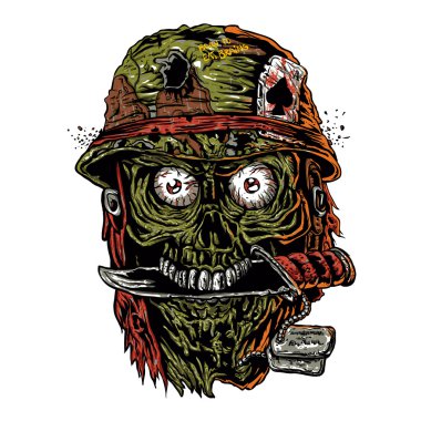 military zombie with knife in mouth.zombie illustration 