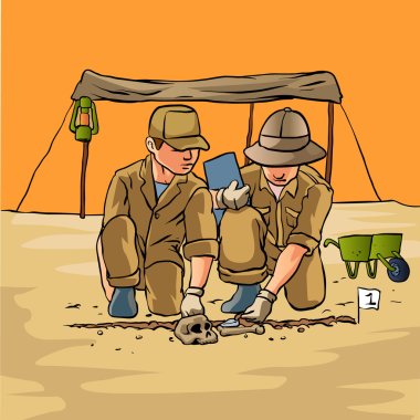 Archaeologists working in field, carefully revealing ancient skull clipart