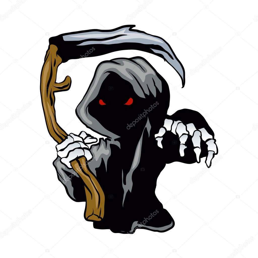 cartoon Grim Reaper with red eyes holding a scythe.