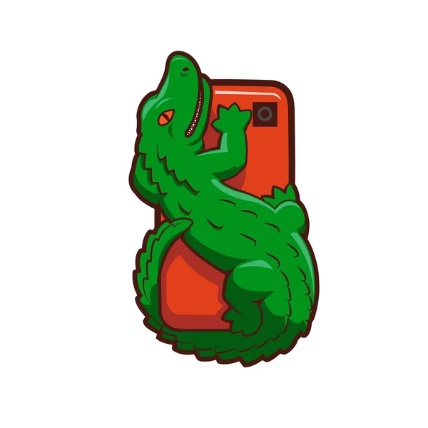 Векторная иллюстрация мультяшного крокодила на мобильном телефоне — стоковый вектор