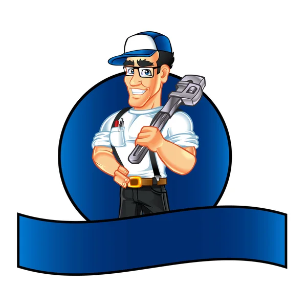 Handyman plumber cartoon character holding a huge wrench — Stock Vector