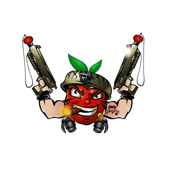Caricature de tomate de soldat fort avec pistolet — Image vectorielle