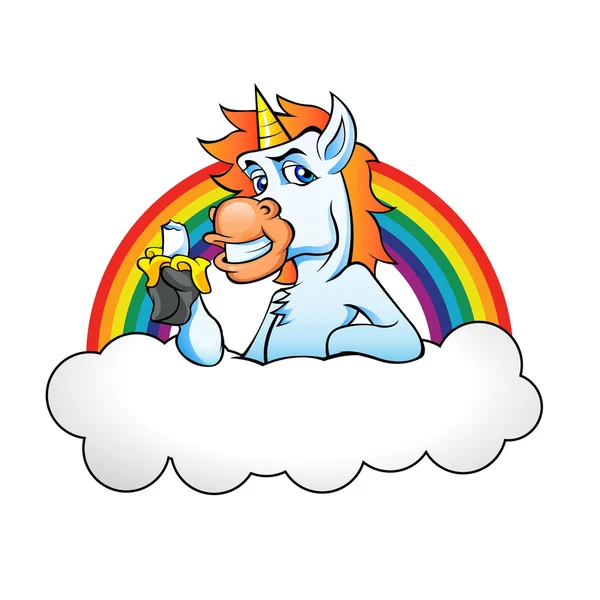 Unicorno mangiare banana.rainbow.cloud — Vettoriale Stock