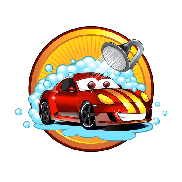 Rolig tecknad biltvätt renare tvättmaskin dusch tjänst auto — Stock vektor