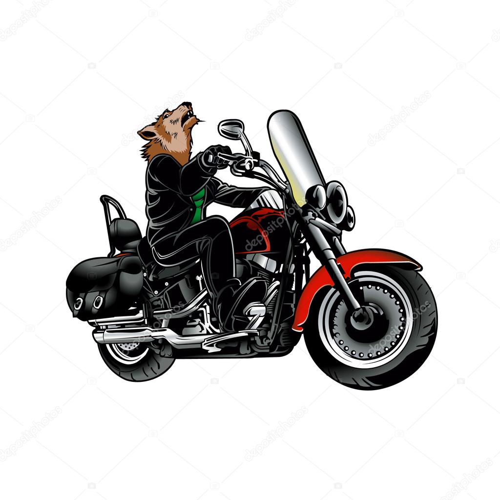 Wolf wearing leather jacket on the motorcycle