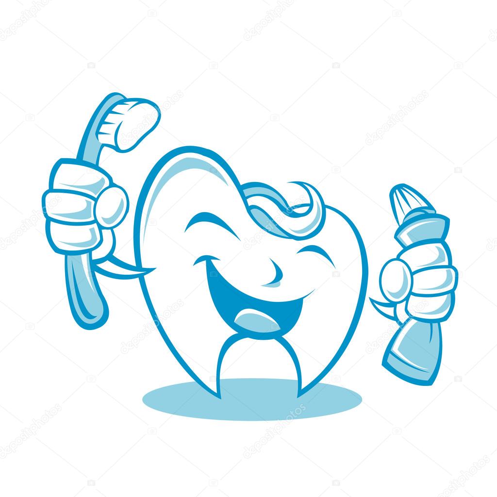 Smiling tooth with toothbrush and toothpaste