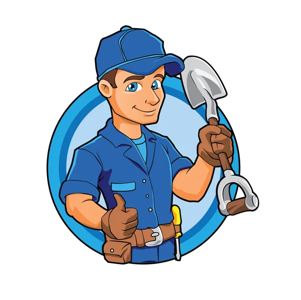 Cartoon plumber holding a big shovel. — Stock Vector