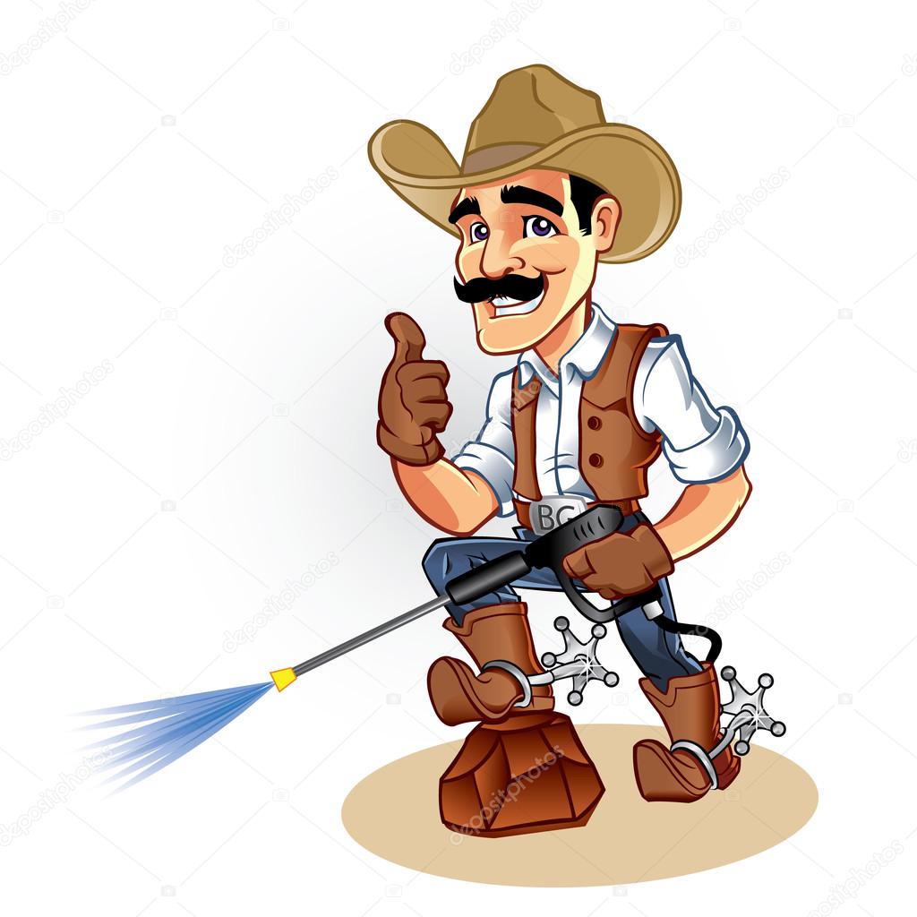 Illustration of a cowboy  with water blaster pressure power washing sprayer