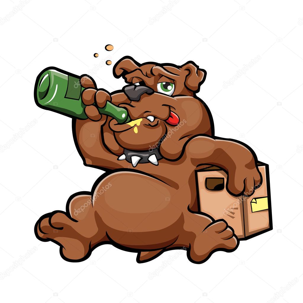 illustration of cartoon drunk dog with alcohol bottle in relaxing concept