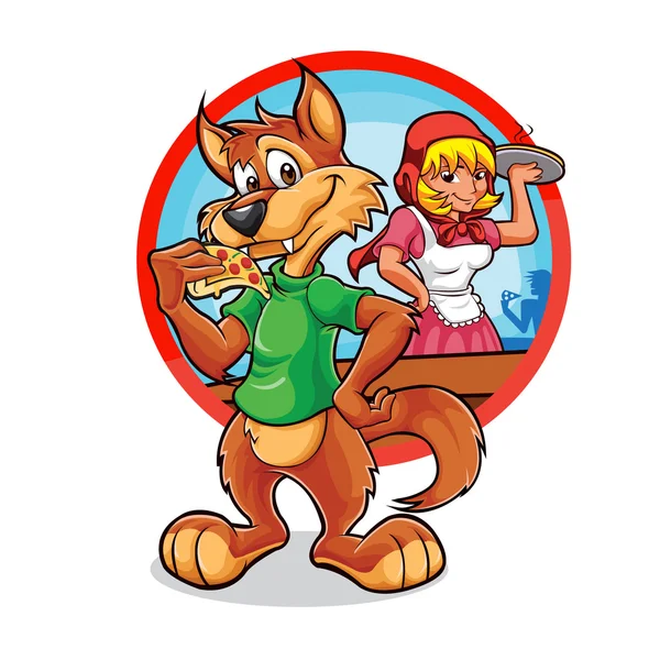 Caperucita Roja y la pizzería Big Bad Wolf — Vector de stock